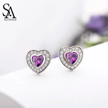 

SA SILVERAGE 925 Sterling Silver Stud Earrings For Women Blue Heart Silver Earrings Fine Jewelry