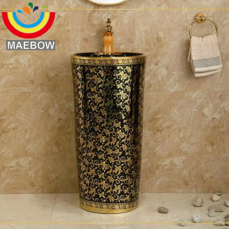 

Mosaic Gold Black Round Pedestal Sink Ceramic Bathroom Sink With Stand Pedestal Wash Basin