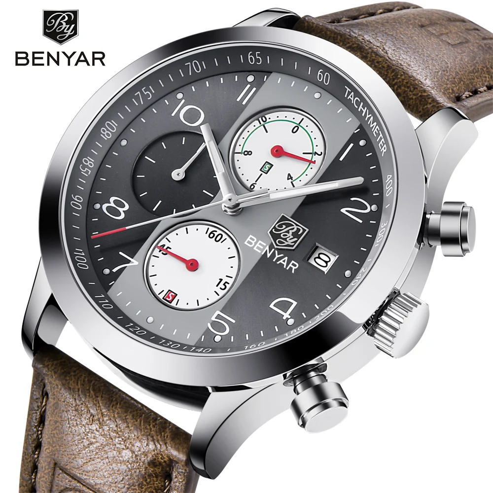 

BENYAR Chronograph Sport Watches Men Waterproof Brand Retro Leather Quartz Watch Clock All dials work support dropshipping grey