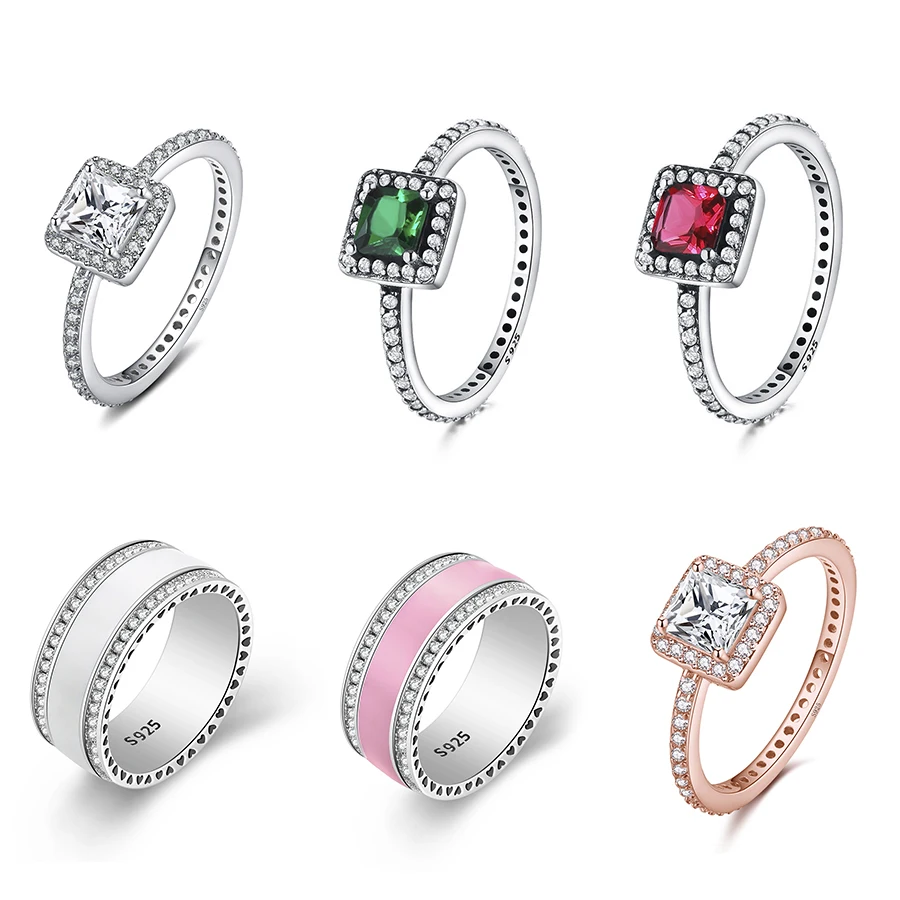 

925 Sterling Silver Big Crystal Stone Rose Gose Romantic Finger Ring For Women Jewelry