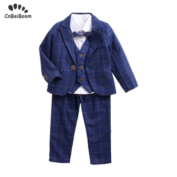 

Boys Suit Set Tuxedo of 5-piece clothing set children's suit Blazer blue grid Formal Wedding party clothes flower Boy dress