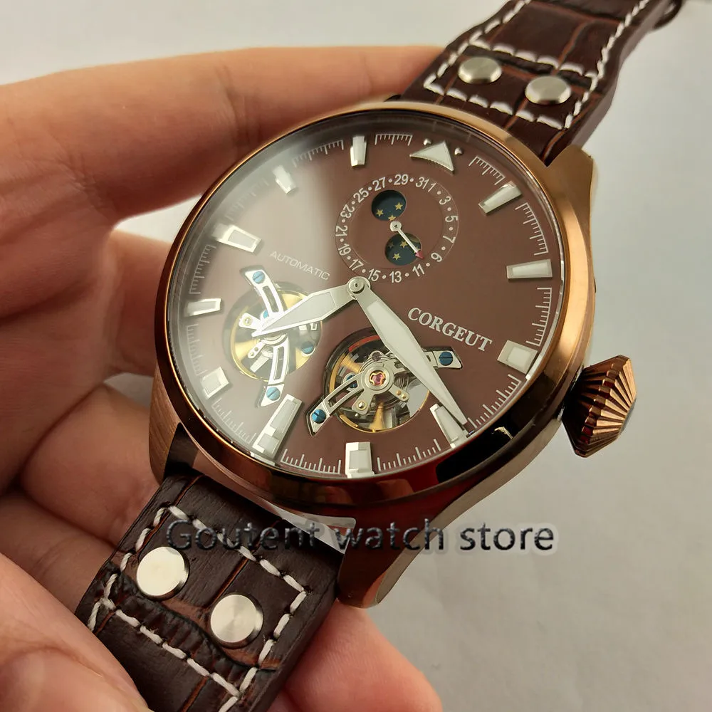 

47mm Corgeut Coffee dial Luminous flywheel Automatic Mens Watch Date