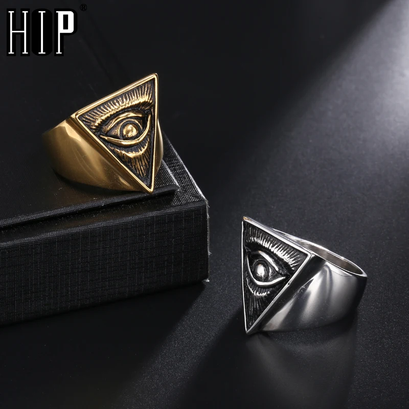 

HIP Punk Illuminati Pyramid Eye Ring Mens Gold Silver Color Titanium Stainless Steel Triangle Rings for Men Hip Hop Jewelry