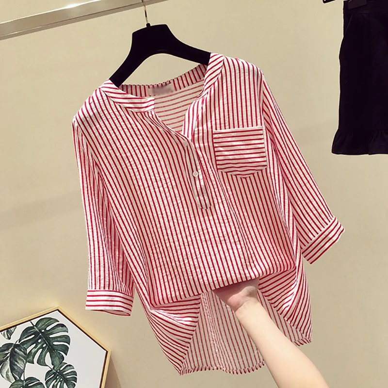 Women Summer Fashion All-match Casual Loose Concise Striped Three Quarter Sleeve Shirts
