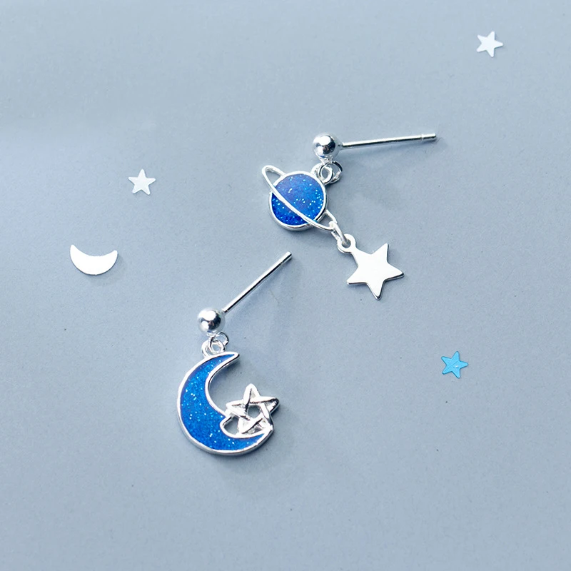 

MloveAcc 100% 925 Sterling Silver Earring Jewelry Small Blue Star & Moon Stud Earrings Birthday Gift for Girls Teens