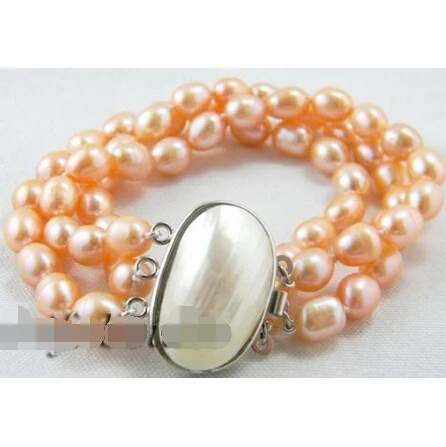 

3strands 8mm pink rice freshwater pearl bracelet @^Noble style Natural Fine jewe FREE SHIPPING
