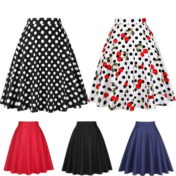 

Hirigin Summer Women Skirt High Waist Knee-Length Skirt Pleated Sweet Cherry Pattern Print Polka Dot Pure Color Blue Red Black
