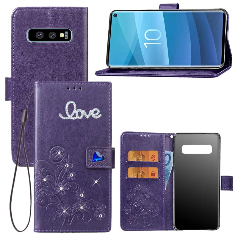 For Samsung Galaxy S10e phone case Love pattern flowers strap Flip PU