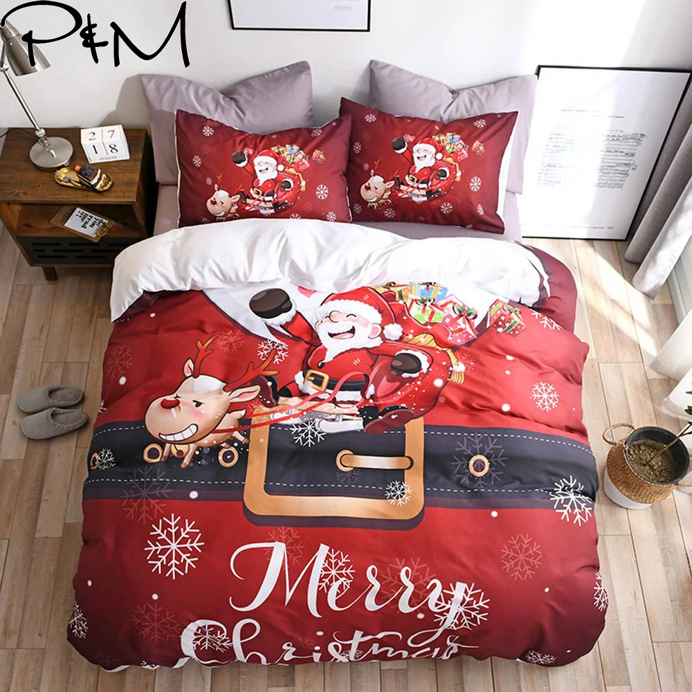 

PAPA&MIMA red Merry Christmas bedding set microfiber Fabric Duvet Cover sets Pillowcases King Queen Double Twin single size