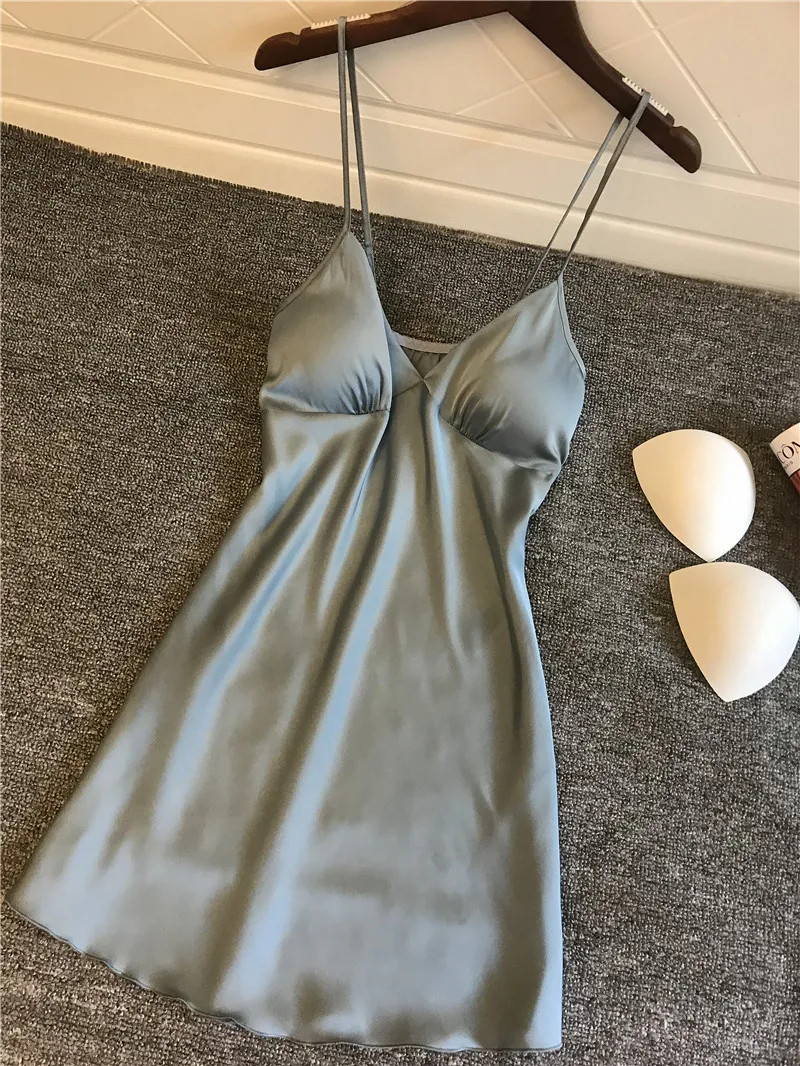 Queenral Women's Sleepwear Nightgown Summer Night Dress Silk Satin Sleepshirts Sexy Nightie Sleeveless Night Gown With Chest Pad3