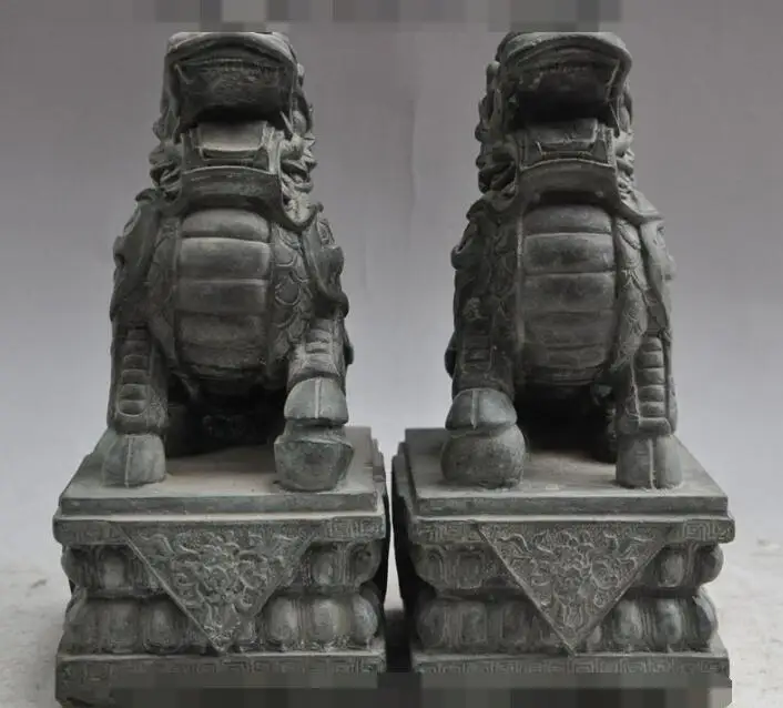 

S04061 9"China fengshui Bronze Guardian Kylin Chi-lin Unicorn Kirin Pi Xiu statue pair (B0413)