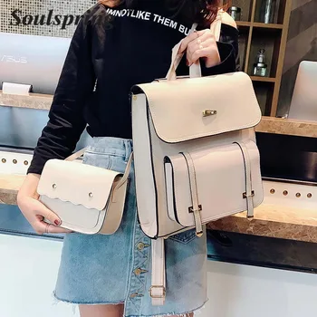 

Two Sets 2019 Fashion Women Backpck High Quality Pu Leather Backpacks Teenage Girls Female School Backpack Shoulder Bag New
