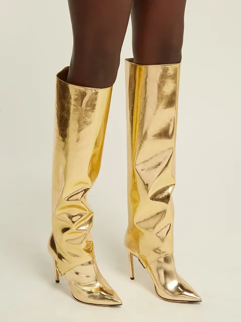 knee high boots with gold heel