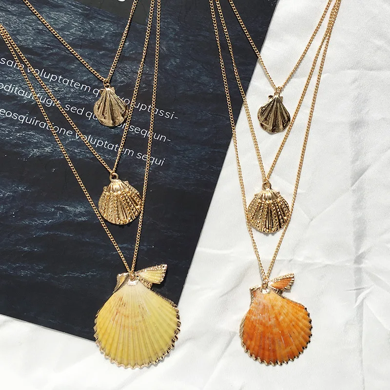 

2019 New Gold Colorful Shell Starfish Green Conch Pendant Layered Necklaces For Women Lady's Bohemian Necklace Jewelry