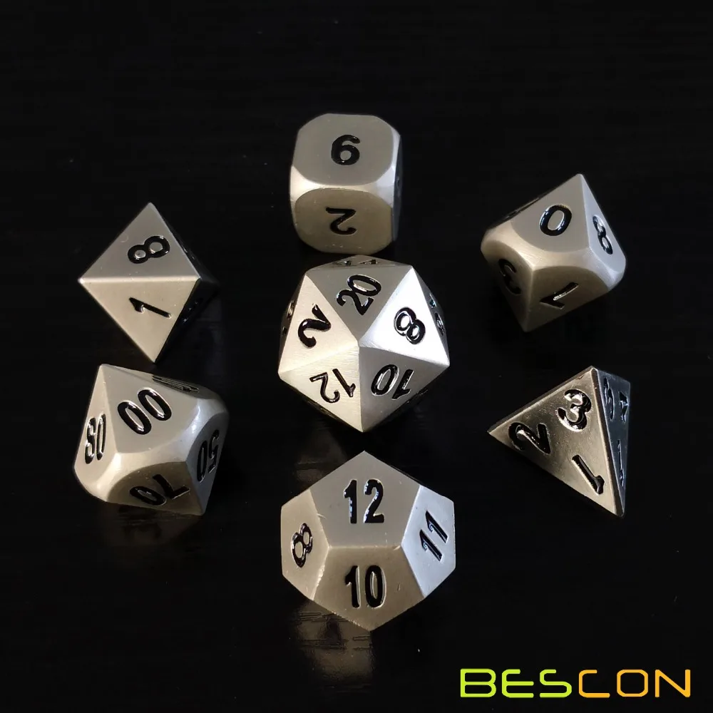 Bescon Heavy Duty Solid Metal Dice Set Nickle Finish, Metallic Polyhedral D&D RPG Game Dice 7pcs Set afbeelding
