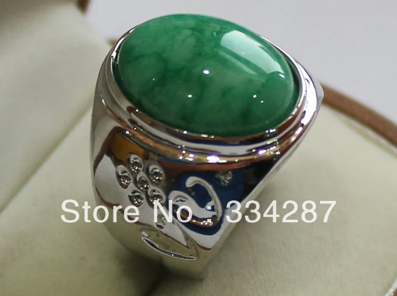 

Beautiful green Double-heart shape jadeite Men's Gift Jewelry Ring 13X18MM Bead 18KGP