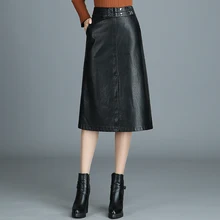 Женская юбка миди из искусственной кожи, осенняя зимняя женская посылка, прямая юбка до середины икры, черная юбка с высокой талией размера плюс YM1023