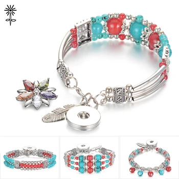 

10pcs/lot 18mm Ginger Snap Handmade Seed Beaded Leaf Charms Bracelet Interchangeable Button Jewelry for Women NN-645*10