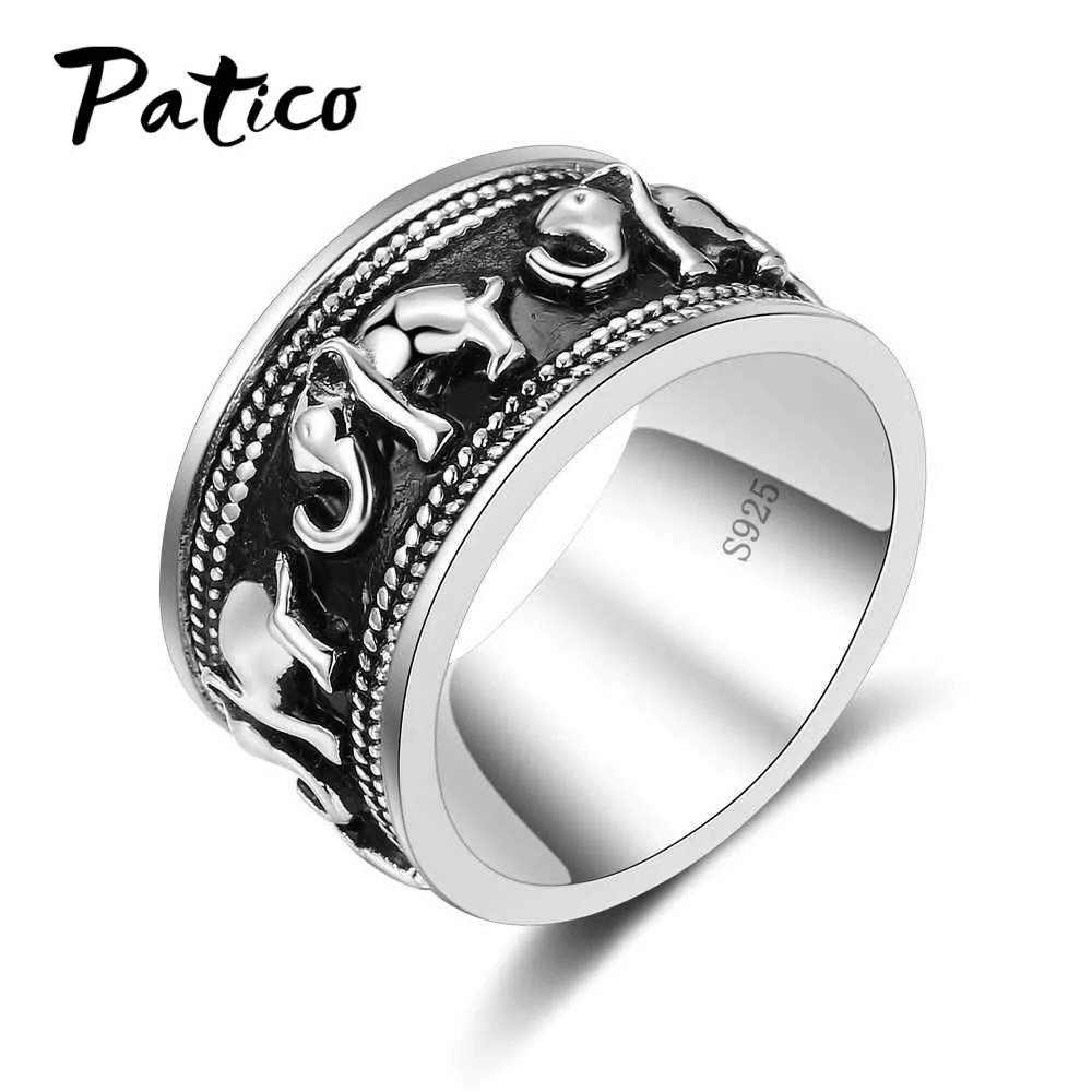 PATICO Fashion Animal Elephant Round Finger Rings Wide 925 Sterling Silver Wedding Band Rings For Women Men Lover Party Gifts