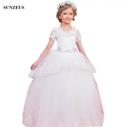 Бальное платье с круглым вырезом Белое платье с цветочным рисунком для девочек с Рубашка с короткими рукавами Кружево детская Свадебная