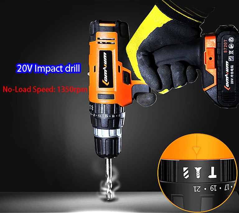LOMVUM 20V Cordless Rechargeable Electric Drill household screwdriver Impact Drill Concrete wall wood powerful tool (2)