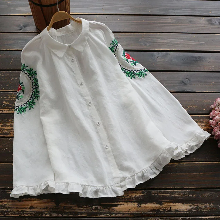 

5516 spring women's clothing blouse Japan style flower embroidery linen bat long sleeve turndown collar Ruffled hem Shirt tops