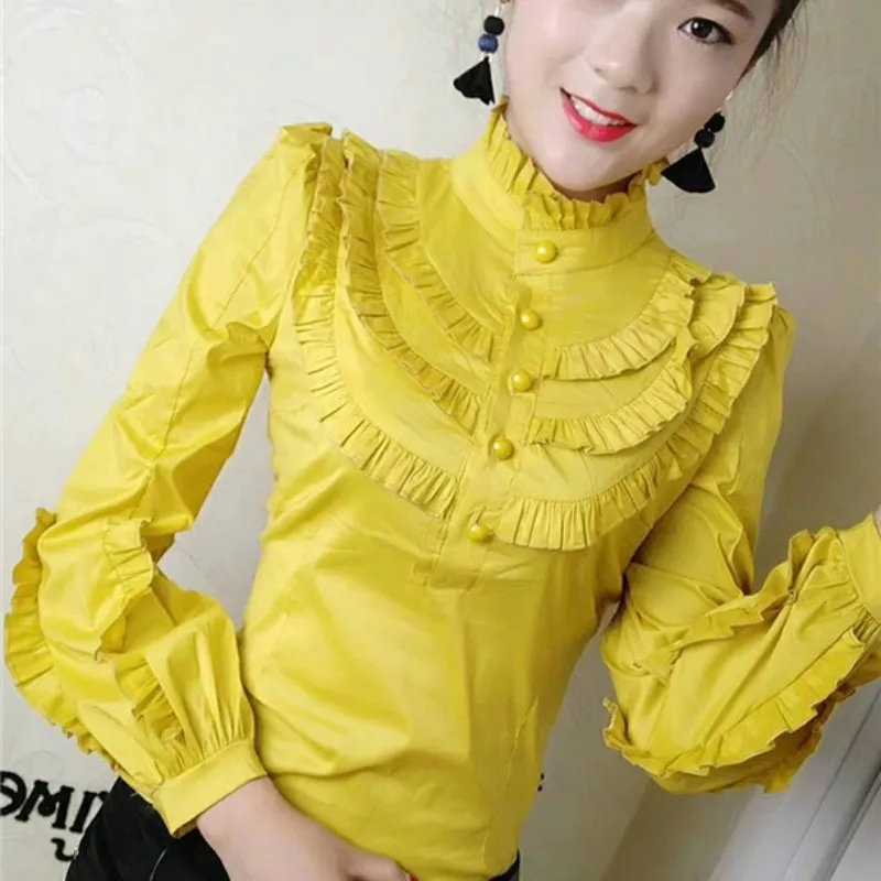 

2018 Long Lantern Sleeve Stand Collar Ruffles Cotton Shirts Women Elegant Stretchy Cotton Blouses Women Ruffles Cotton Tops