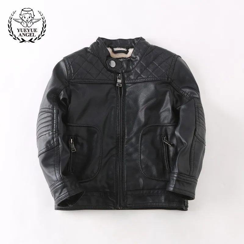 

Winter Fleece Lining Thick Pu Leather Baby Boy Jacket Stand Collar Motorcycle Style Windbreaker Kids Warm Outerwear Coat Jackets