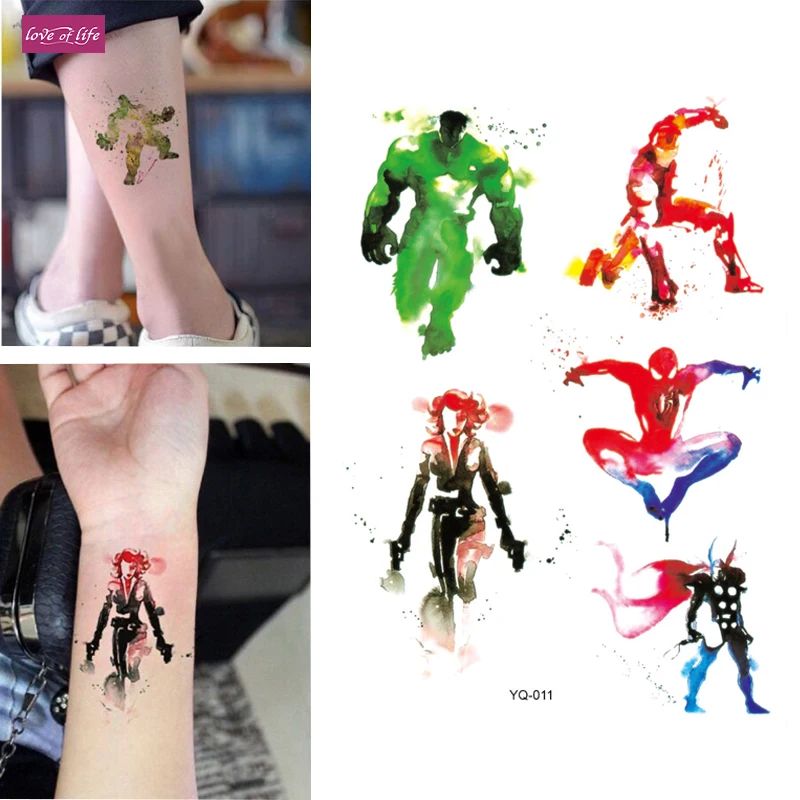 

1pcs Abstraction Hulk iron Man Black widowTemporary Tattoo Cartoon American captain Hulk Hawkeye Body Art Flash Tattoo Stickers