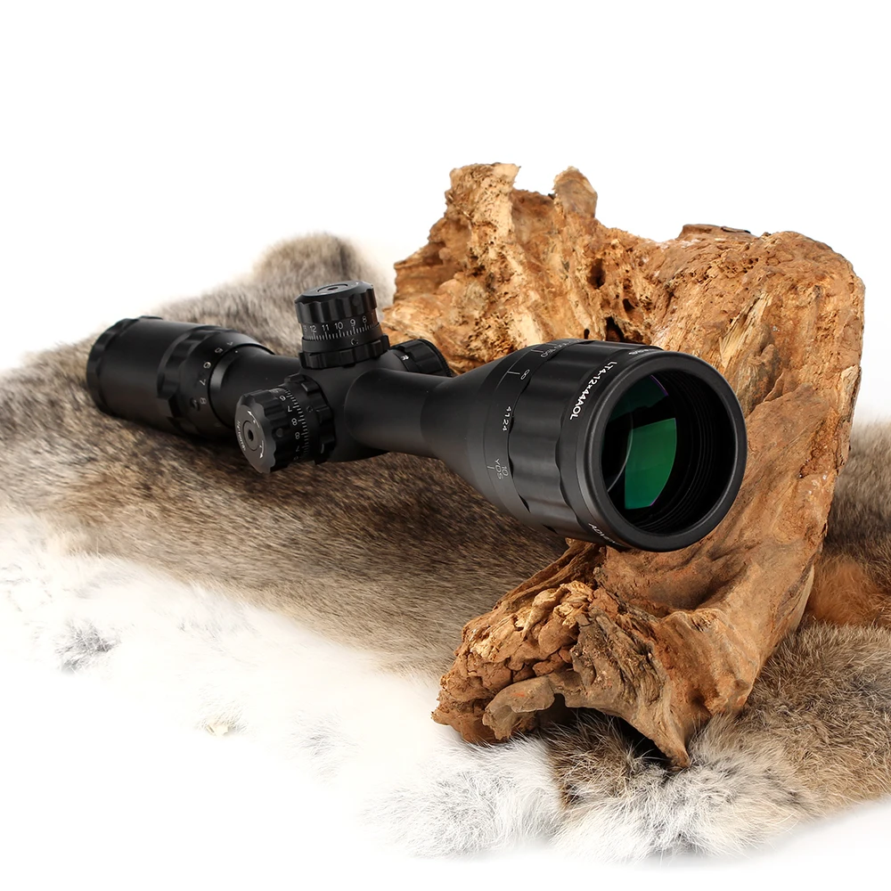 4-12x44 ao Riflescope Caça Tático Visão Óptica Tamanho Completo Mil Dot Vermelho Verde Azul Llluminate Retículo Torres Bloqueio Espaço 15 Lunetas Riflescopes