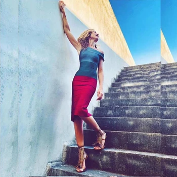 

2019 New Sexy Short Sleeve Off The Shoulder Patchwork Bandage Dress Multicolor Bodycon Vestidos Party Night Out Wholesale