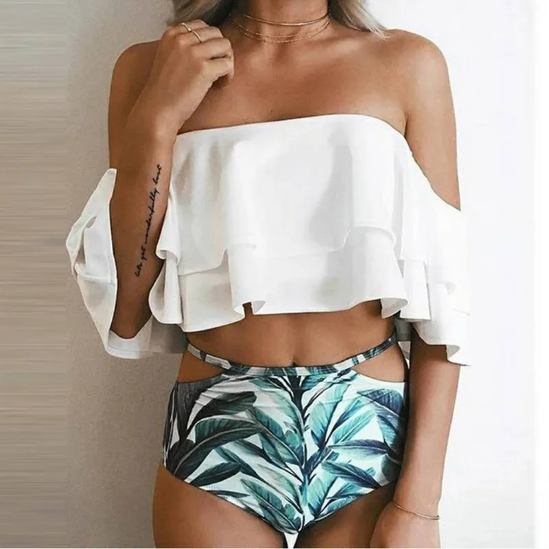 

Bikini High Waist Swimsuit Sexy Ruffle Women Swimwear Beachwear Girl Bandeau Seaside Set Plus Size Bathing Suits 2019