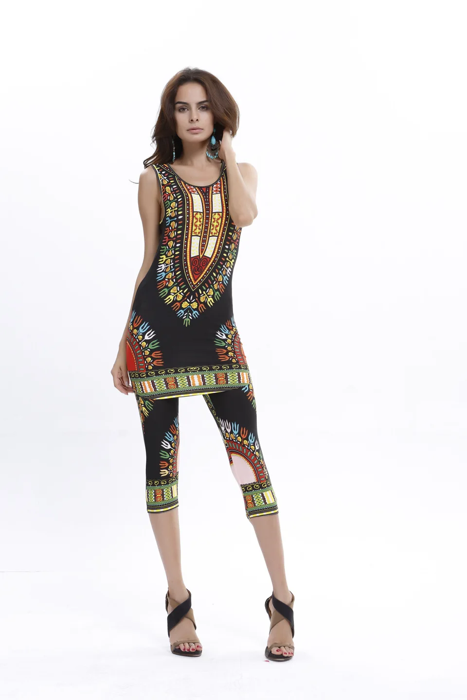 1 Sets women's street fashion ice silk large size geometric totem print vest & pants casual set clothing