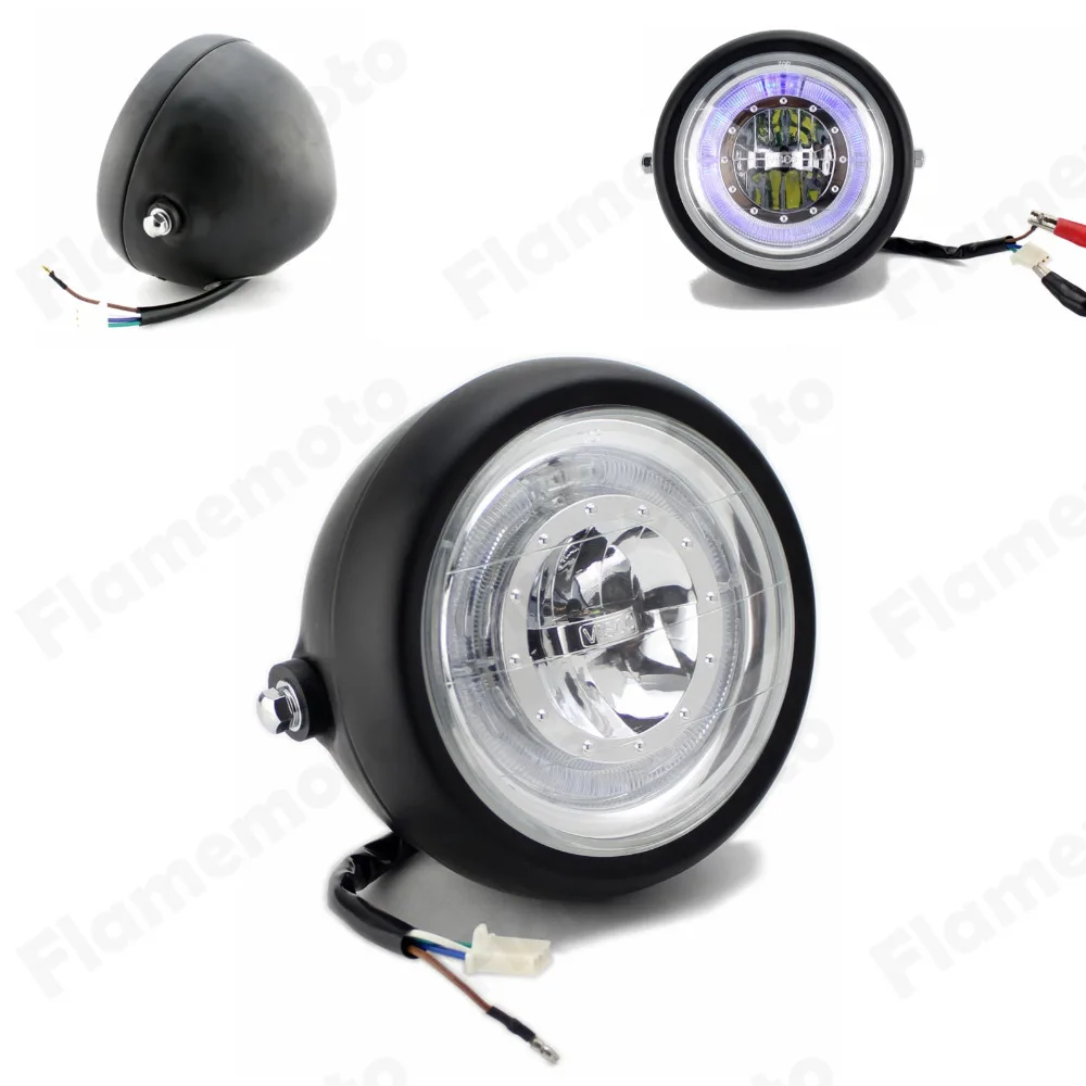 

6.5" Black LED Motorcycle Headlight Head lamp For Yamaha Harley Honda Suzuki Kawasaki Hi/Lo Bean Bobber Chopper Halo Ring
