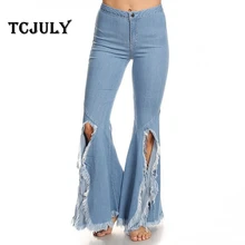 TCJULY, новая мода, украшенные кисточками, растягивающиеся обтягивающие женские джинсы, винтажные отбеленные меховые Брюки-клёш, брюки, женские джинсы пуш-ап