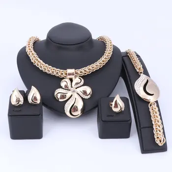 

African Beads Gold Color Chain Collar Necklace Earrings Bracelet Ring Jewelry Sets for Women Prom Wedding Bridal Gift Set