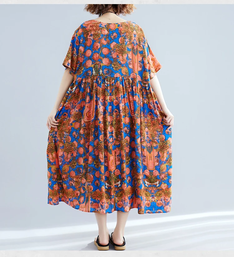 Fashion Summer Dress Women Plus Size Oversize Maxi Long Dresses For Women Elegant Vintage Print Cotton Linen Casual Dress 2019  7