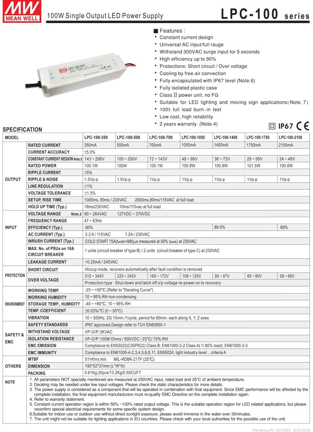 Оригинальный бренд MEAN WELL представляет 100 W Один Выходная константа тока Светодиодный драйвер импульсный Питание LPC-100