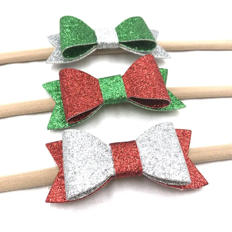

6pcs/lot Red White Green Christmas Leather Bow with nylon headband 3'' big Glitter Leather Hair Bow Hair accessories Headwear