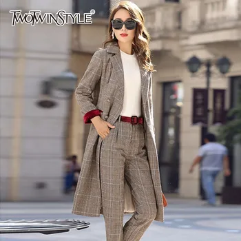 

TWOTWINSTYLE Plaid Blazer Suit Female Laprl Collar Double Breasted Slim Long Coats With Sashes High Waist Plus Size Pant 2020 OL