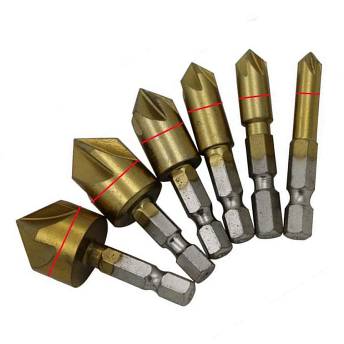 6PCS 5 Flute Chamfer Countersink 1/4" Hex Shank HSS 90 Degree Wood
