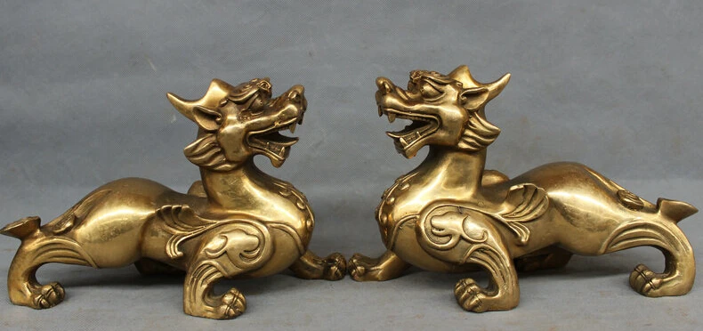 

JP S0606 10" Chinese Brass Wealth Guardian Fly PiXiu Unicorn Dragon Lion Head Statue Pair Discount 35%