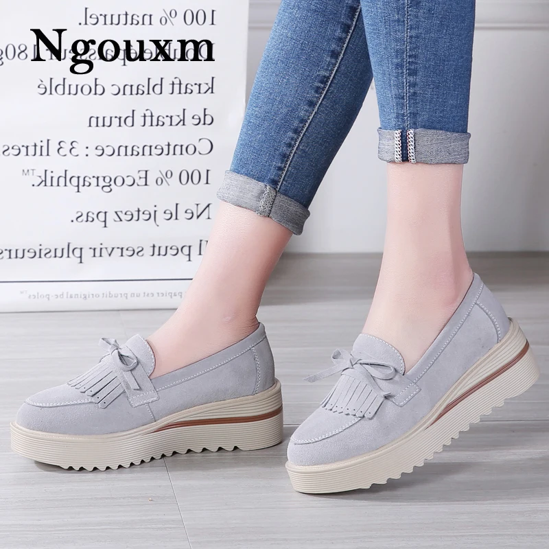 

Ngouxm Autumn Women's flats leather suede flat platform shoes loafers woman casual thick soled lace up For Women