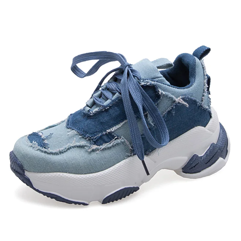 

Designer Chunky Sneakers 2019 Denim Color High Heel Platform Sneakers Women Casual Shoes Woman Trainers Basket chaussures femme