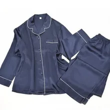 Новые шелковые пижамы, женские брюки с длинными рукавами, шелковые рубашки тутового цвета, лацкан, темно-синий шелк, домашняя одежда 5