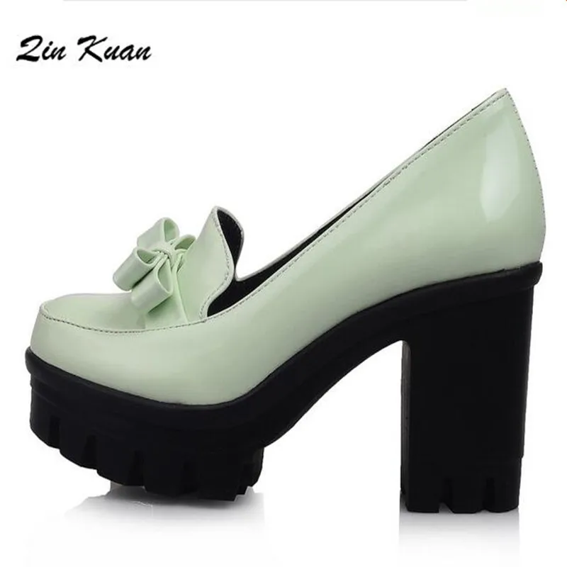 

Women Sweet Round Toe Platform Bow Ties Pumps New Style Ladies Patent Leather High Heel Shoes Fashion Plus Shoes QKP0107B