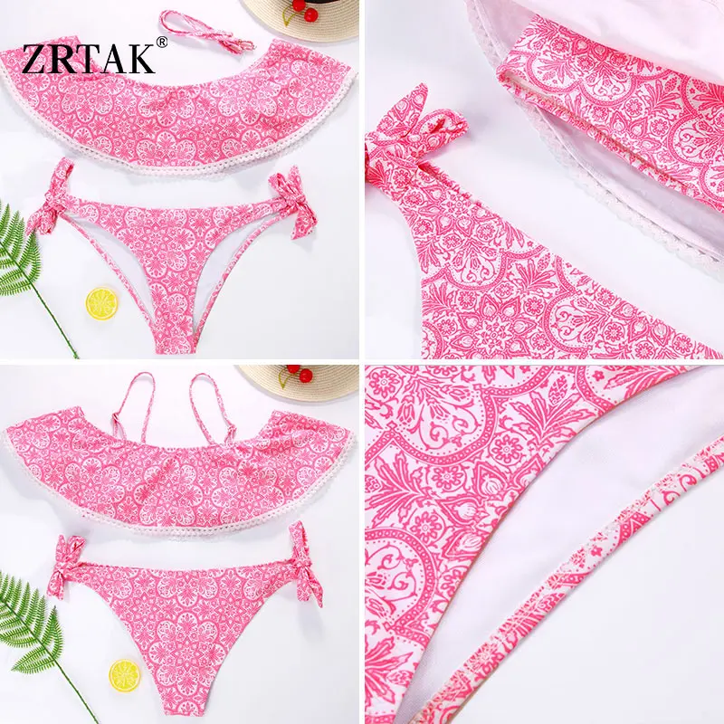 Zrtak Ruffle Bikini Bandeau estampado Bandage Swimsuit mujeres fuera del hombro traje de baño femenino espalda descubierta ropa de playa Bikini brasileño conjunto Zrtak Ruffle Bikini Bandeau estampado Bandage Swimsuit mujeres fuera del hombro traje de baño femenino espalda descubierta ropa de playa Bikini brasileño conjunto