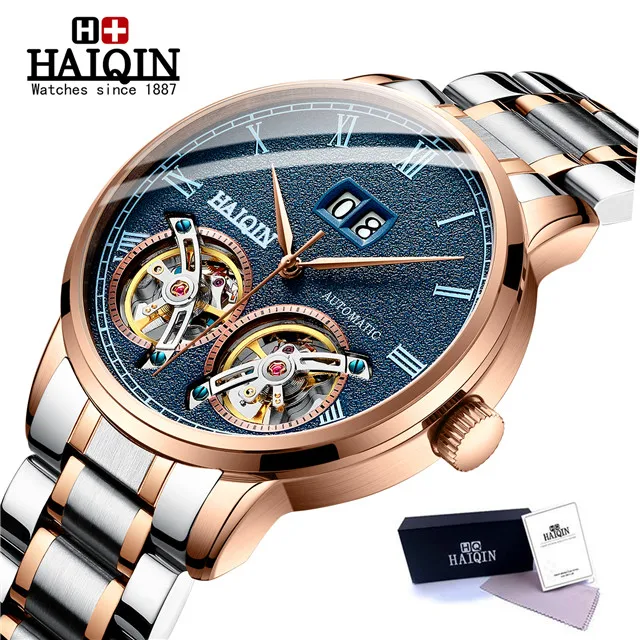 HAIQIN мужские s часы Топ люксовый бренд автоматические механические наручные часы Мужские Двойные Tourbillon модные водонепроницаемые часы relogio masculino - Цвет: S-gold blue