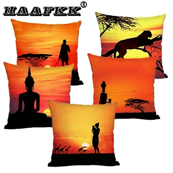 

Africa Life Scene Sofa Throw Pillow Case Beautiful Animal Giraffe African Woman in Sun Setting Art polyester Cushion Cover