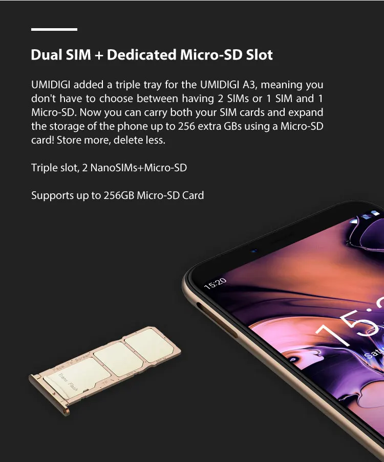 UMIDIGI UMI A3 2GB RAM 16GB ROM MTK6739 1.5GHz Quad Core 5.5 Inch HD+ Full Screen Dual Camera Android 8.1 4G LTE Smartphone